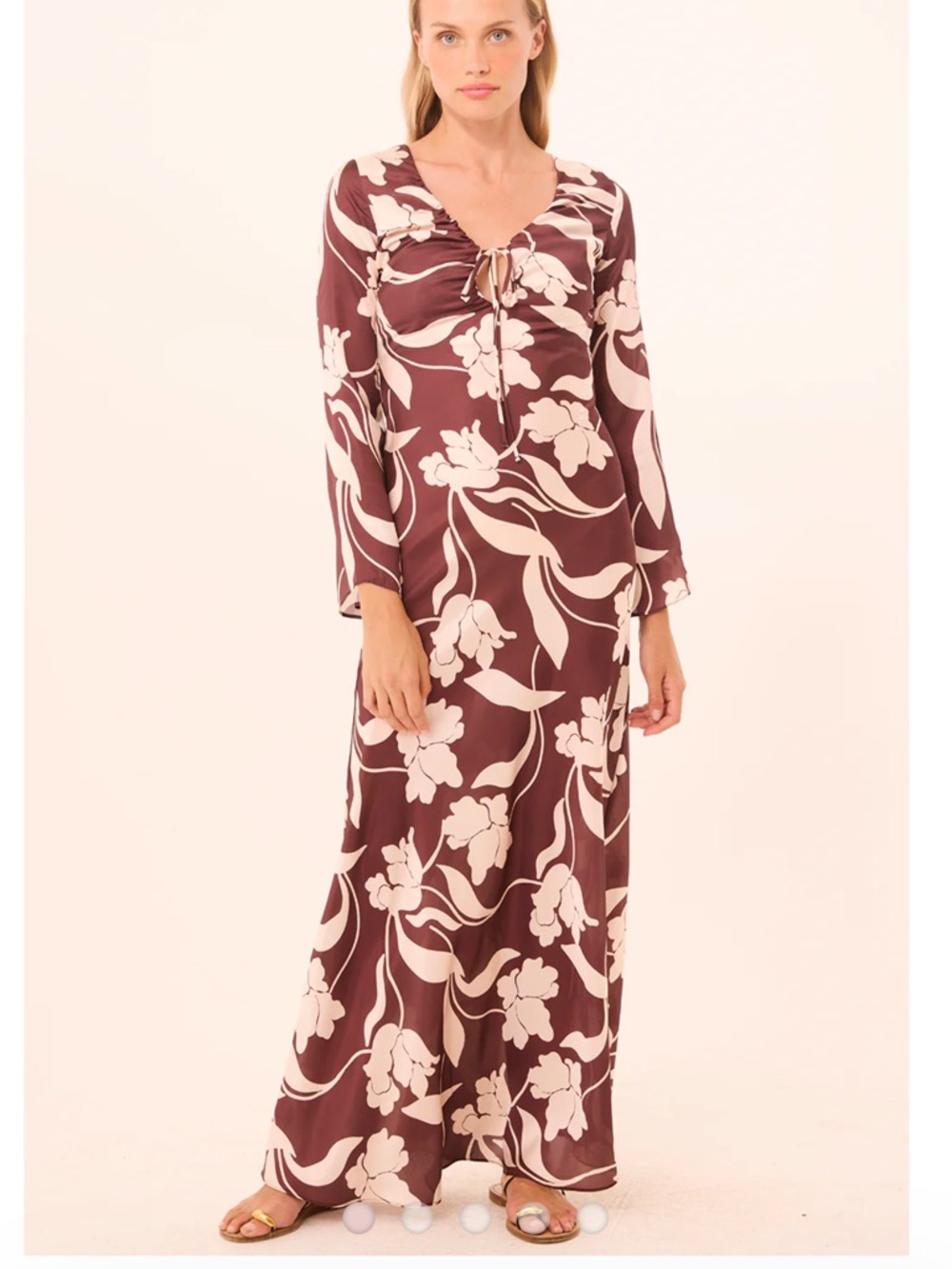 Misa Los Angeles Wine and Cream Floral Maxi Dress with Tie Neck